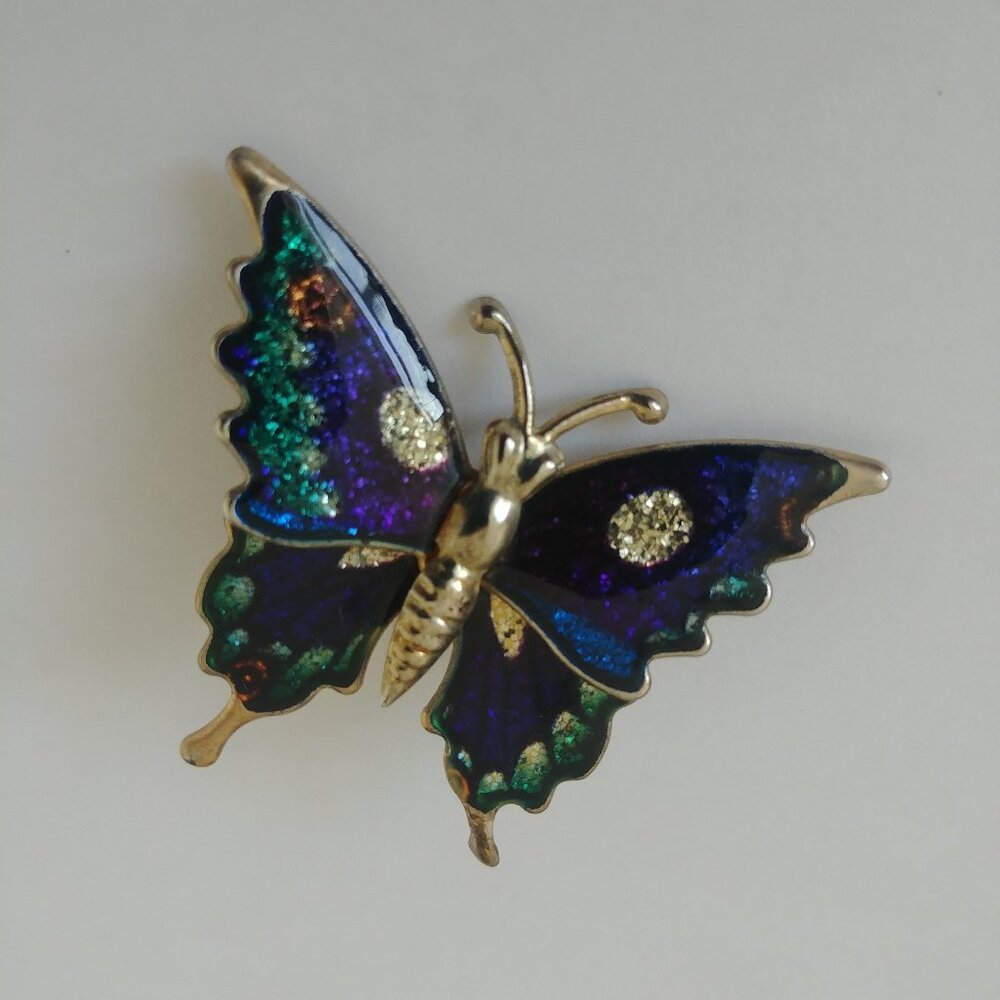 4/$20 Butterfly brooch pin gold with blue and green shimmer wings